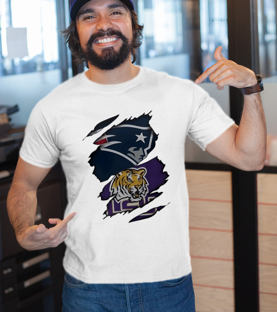 New England Patriots LSU Tigers Torn Fabric Tiger And Patriot Head Logos T-Shirt