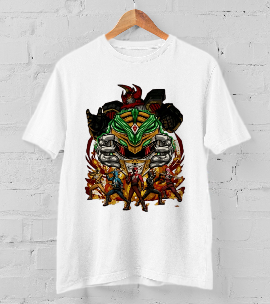 Mighty Morphin Power Rangers Green Ranger Dragonzord Helmet And Team Pose T-Shirt