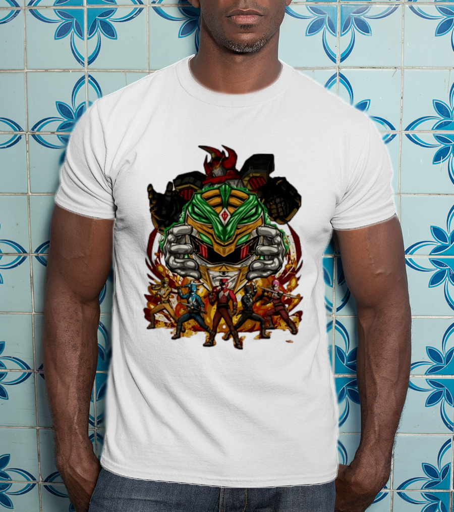 Mighty Morphin Power Rangers Green Ranger Dragonzord Helmet And Team Pose T-Shirt