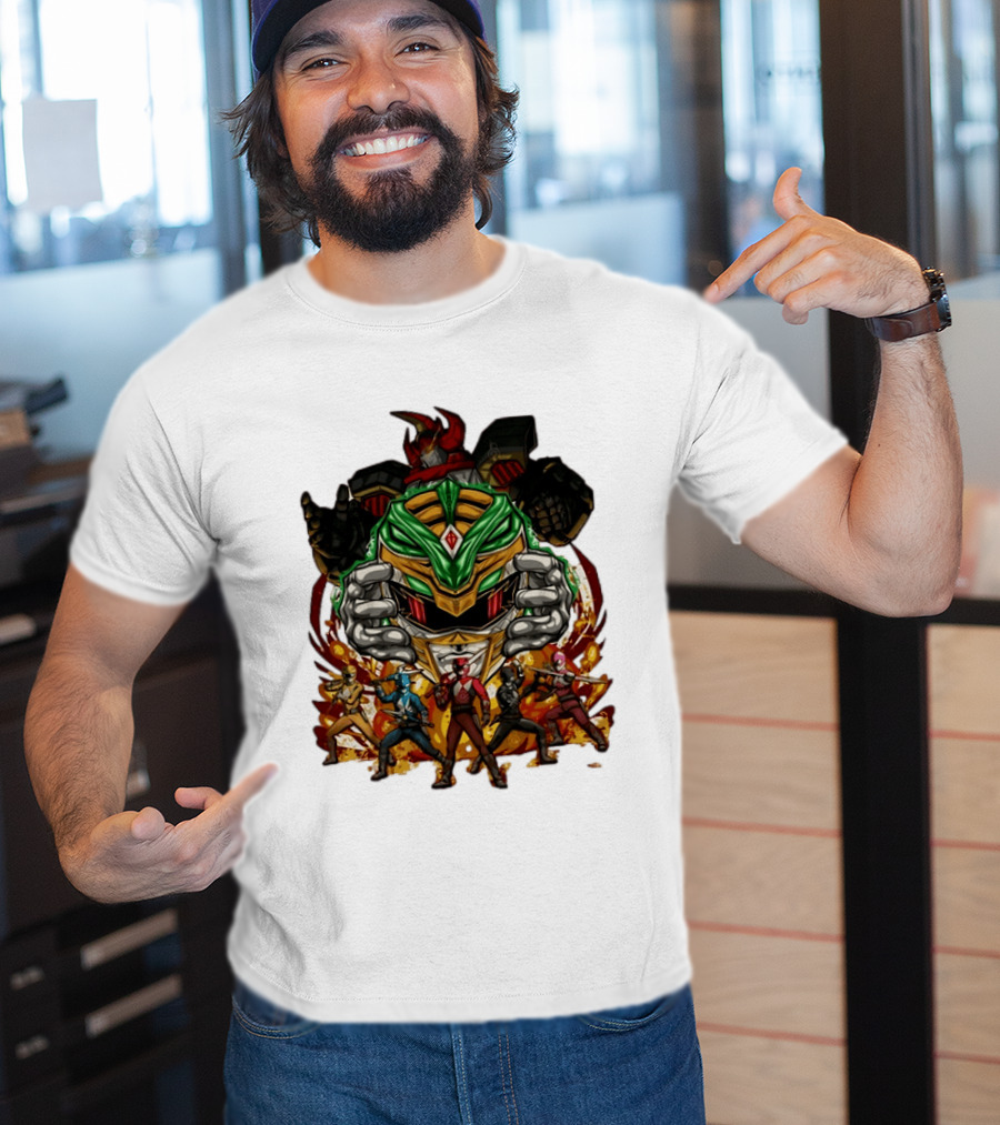 Mighty Morphin Power Rangers Green Ranger Dragonzord Helmet And Team Pose T-Shirt