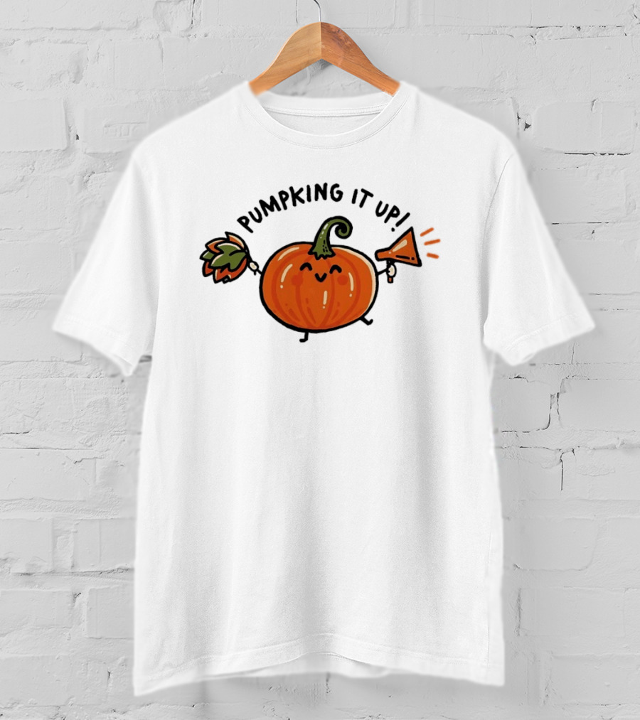 Pumpking It Up Pumpkin Cheerleader Cute Cartoon Holding Megaphone And Pom Pom T-Shirt