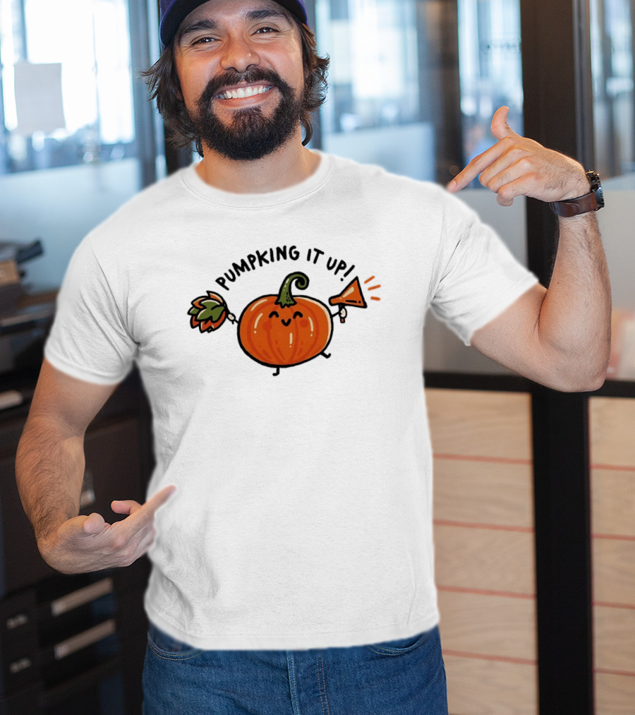 Pumpking It Up Pumpkin Cheerleader Cute Cartoon Holding Megaphone And Pom Pom T-Shirt