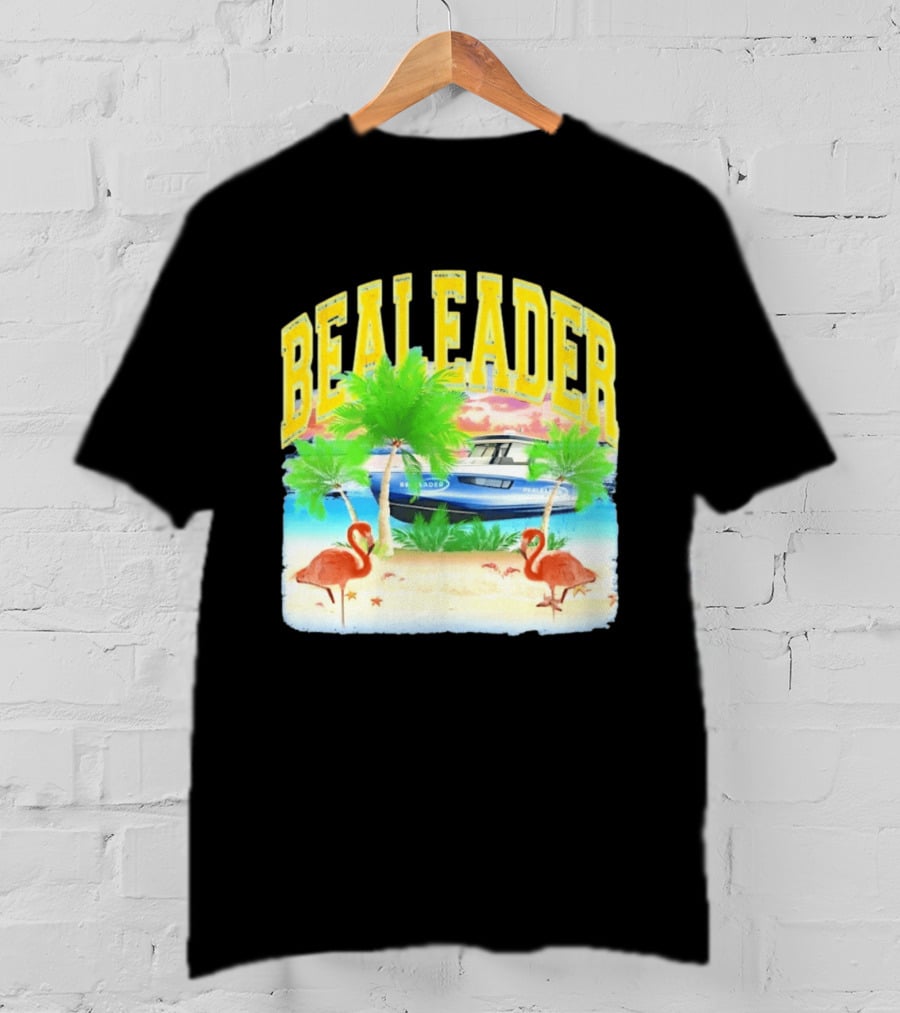 Bealeader Tropical Beach Scene With Palm Trees, Boat, And Flamingos T-Shirt