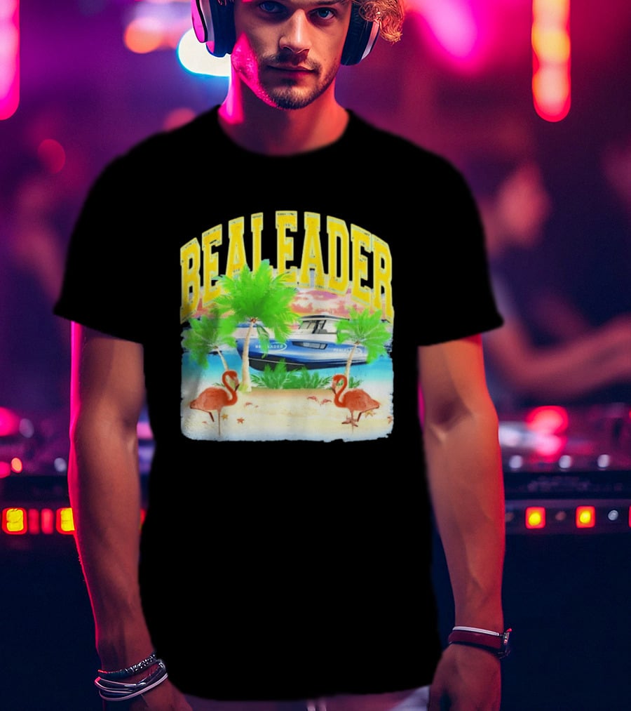 Bealeader Tropical Beach Scene With Palm Trees, Boat, And Flamingos T-Shirt