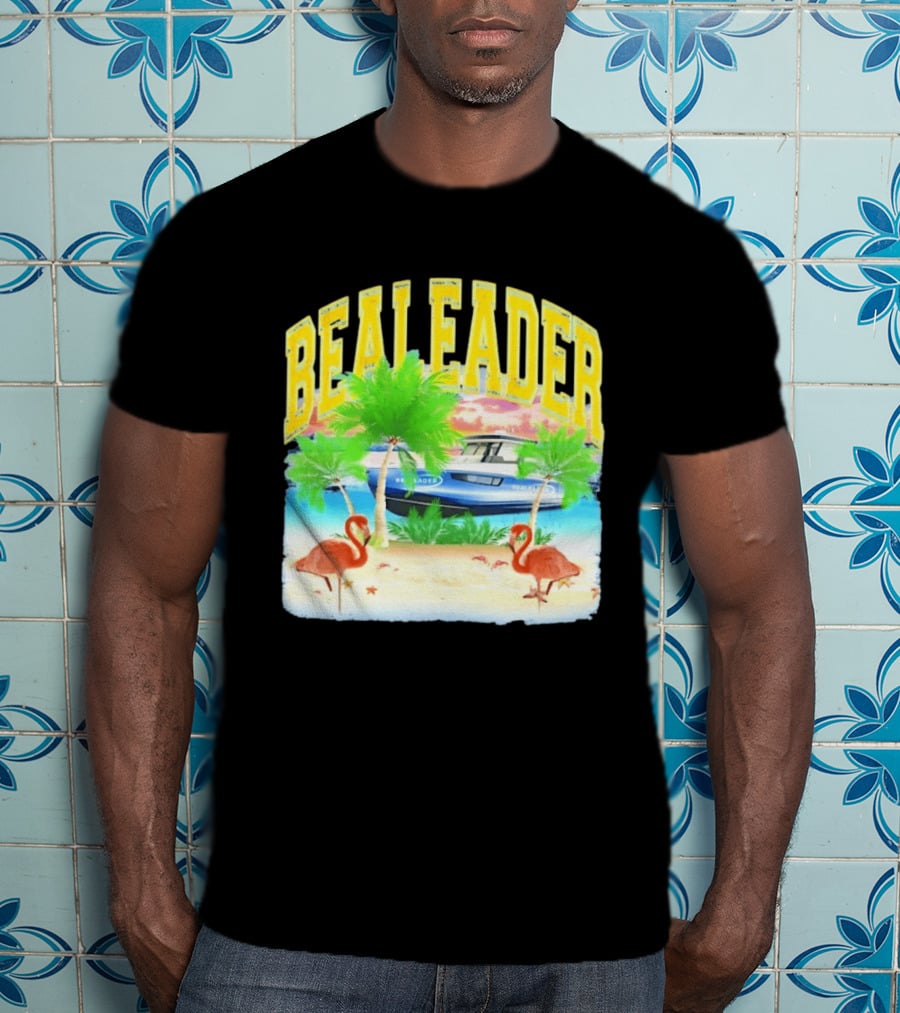 Bealeader Tropical Beach Scene With Palm Trees, Boat, And Flamingos T-Shirt