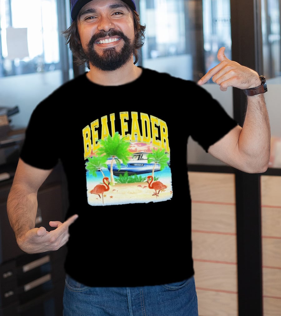 Bealeader Tropical Beach Scene With Palm Trees, Boat, And Flamingos T-Shirt