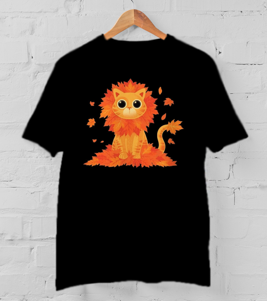 Cat With Autumn Leaves Mane Fall Lion Cozy Cute Kitty T-Shirt