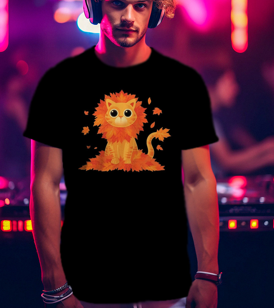 Cat With Autumn Leaves Mane Fall Lion Cozy Cute Kitty T-Shirt