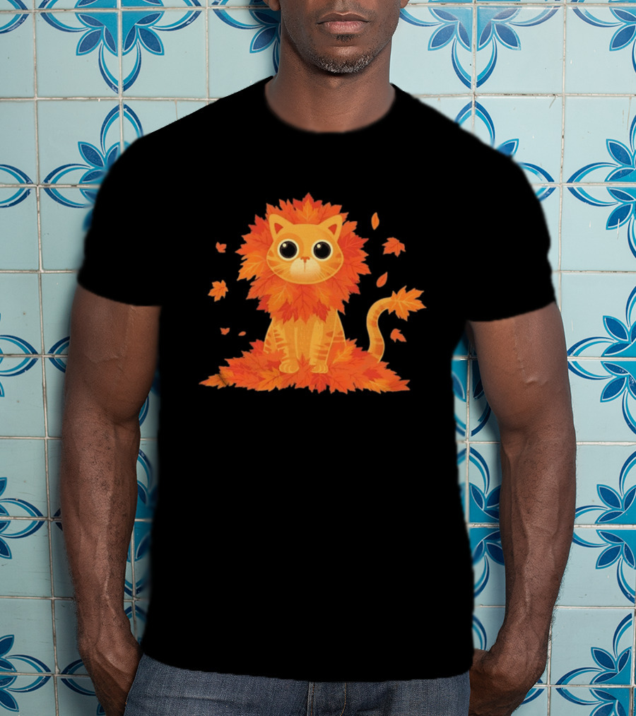 Cat With Autumn Leaves Mane Fall Lion Cozy Cute Kitty T-Shirt