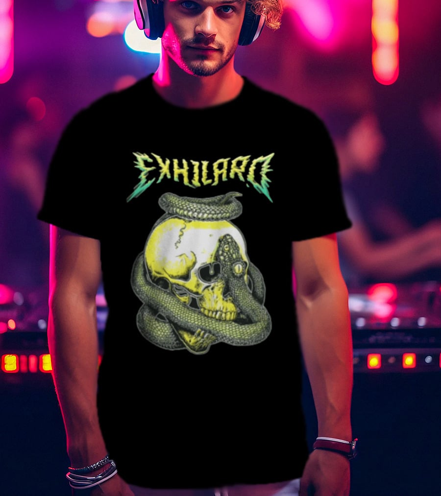 Exhilaro Venomous Serpent Coiled Around Yellow Human Skull T-Shirt