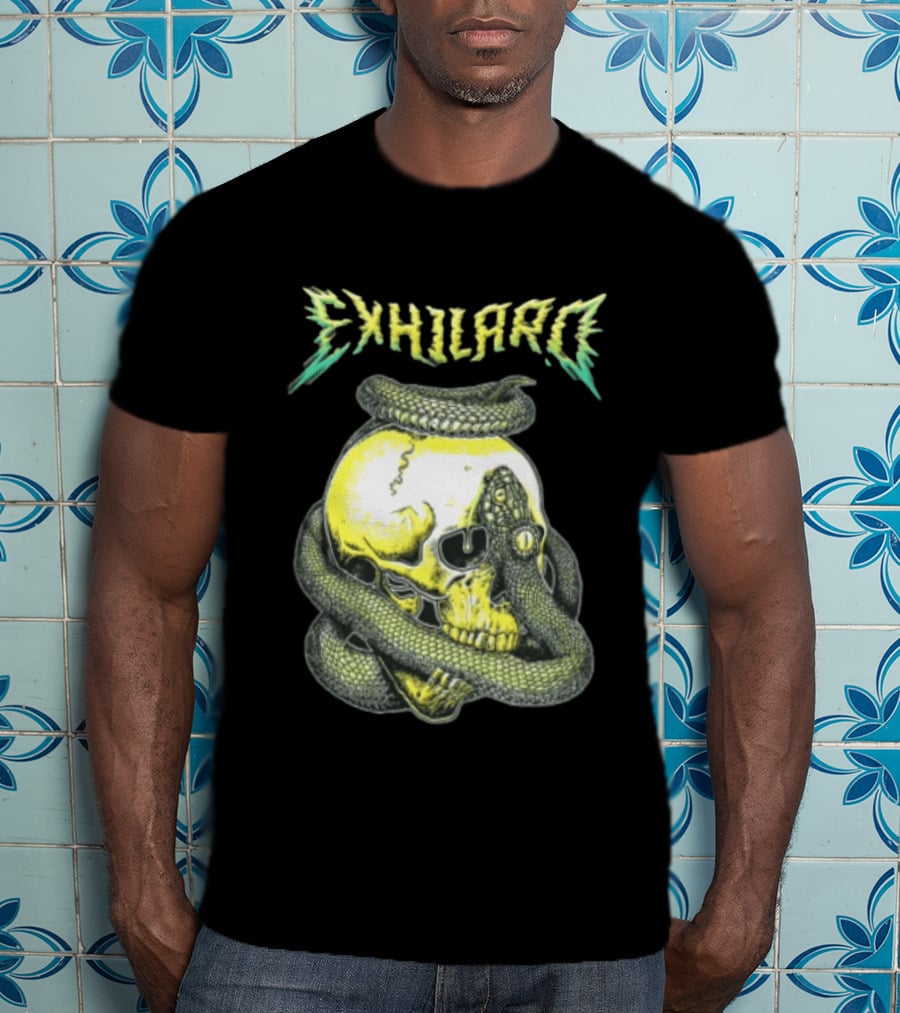 Exhilaro Venomous Serpent Coiled Around Yellow Human Skull T-Shirt