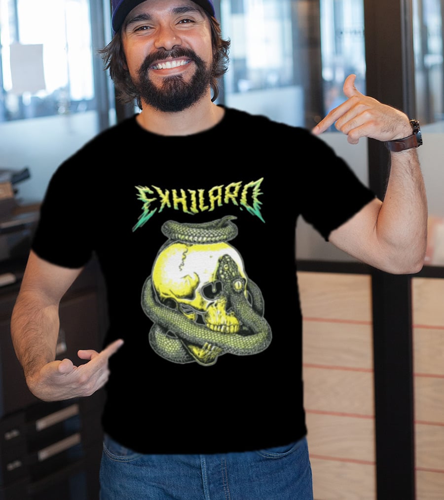 Exhilaro Venomous Serpent Coiled Around Yellow Human Skull T-Shirt