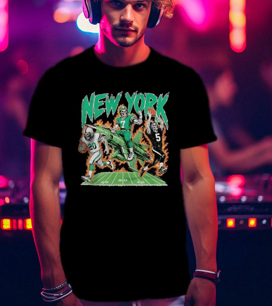 New York Jets Skeleton Football Players With Jet And Field T-Shirt