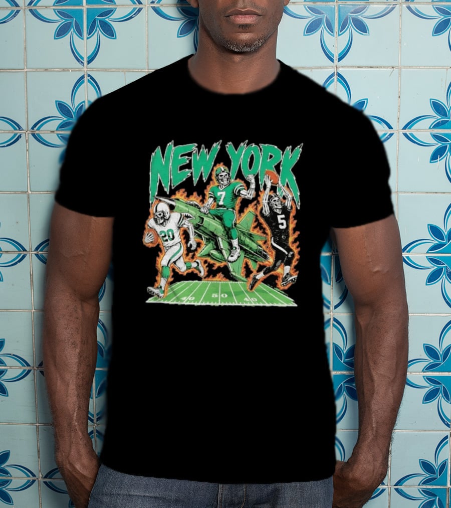 New York Jets Skeleton Football Players With Jet And Field T-Shirt