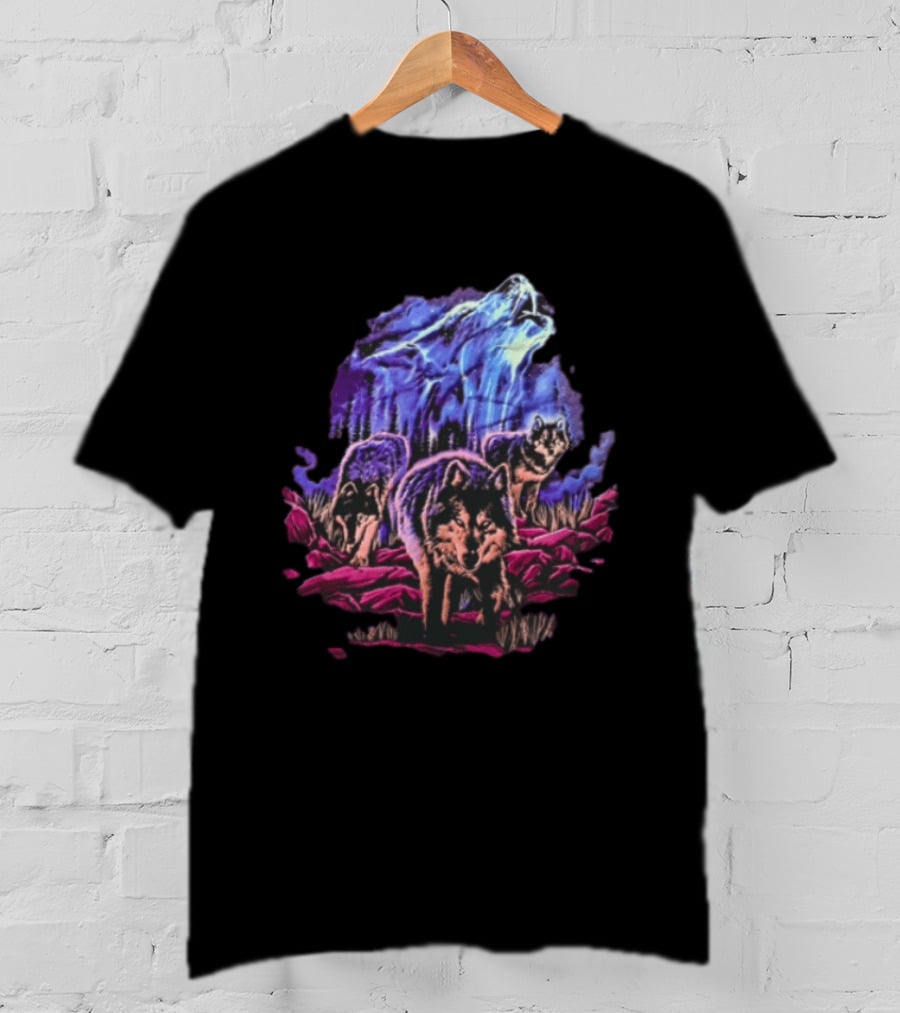 Odm San Diego 2000 Three Wolves Howling Celestial Northern Lights Woods T-Shirt