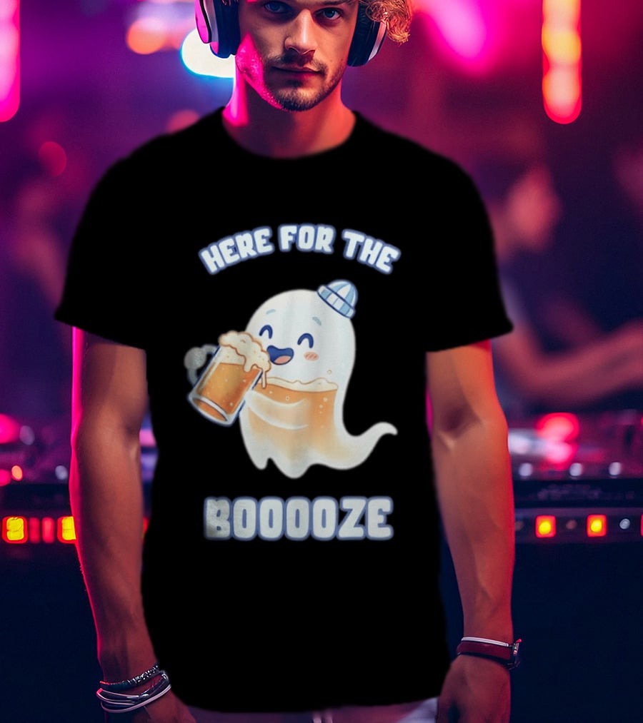 Here For The Booooze Ghost Drinking Beer Fun Halloween T-Shirt