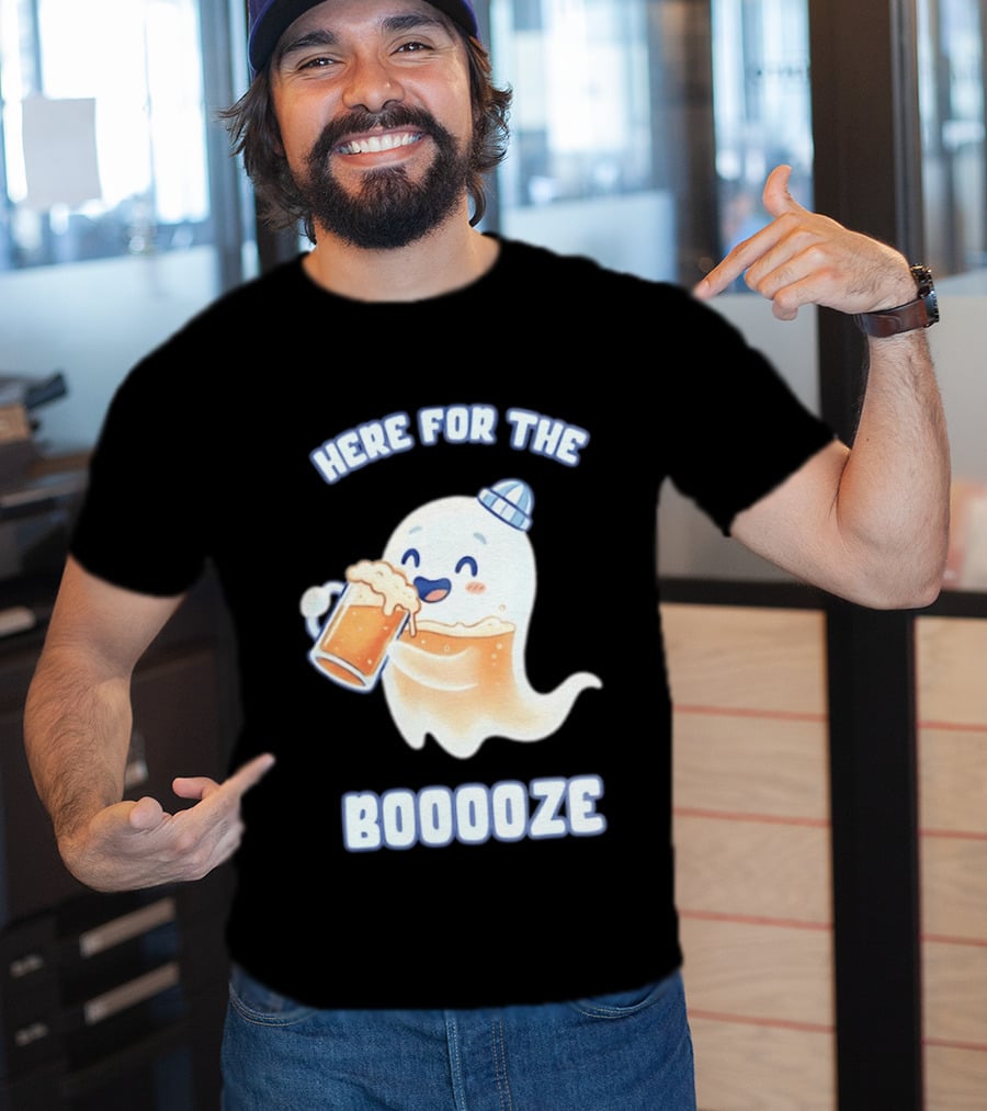 Here For The Booooze Ghost Drinking Beer Fun Halloween T-Shirt