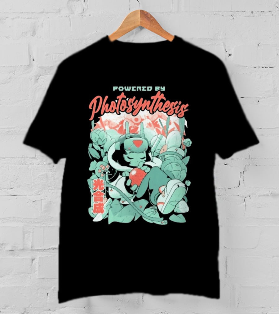 Powered By Photosynthesis Anime Kanji Characters And Cute Green Robot T-Shirt