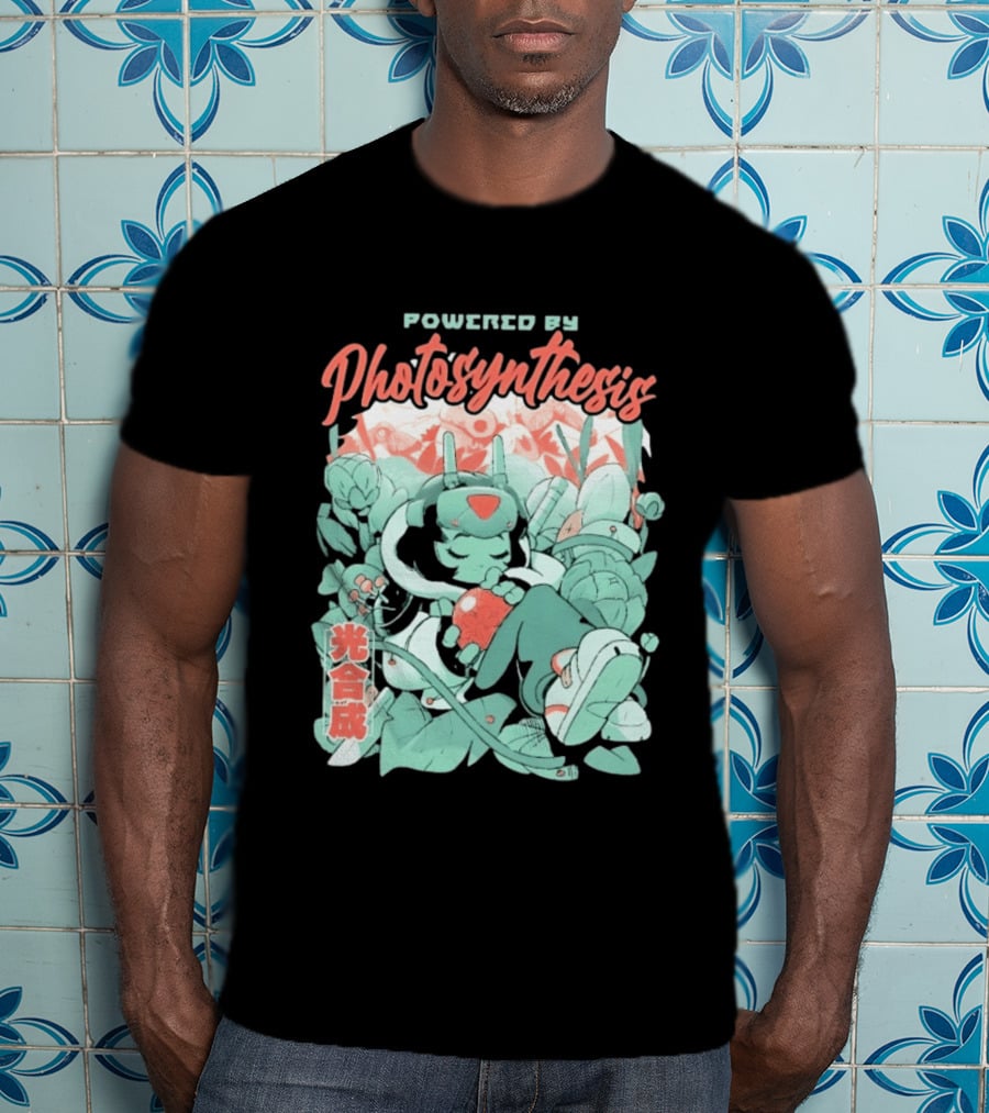 Powered By Photosynthesis Anime Kanji Characters And Cute Green Robot T-Shirt