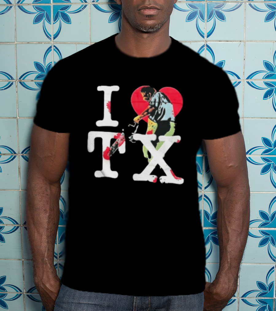 I Love Tx Leatherface Chainsaw Heart Blood Splatter T-Shirt