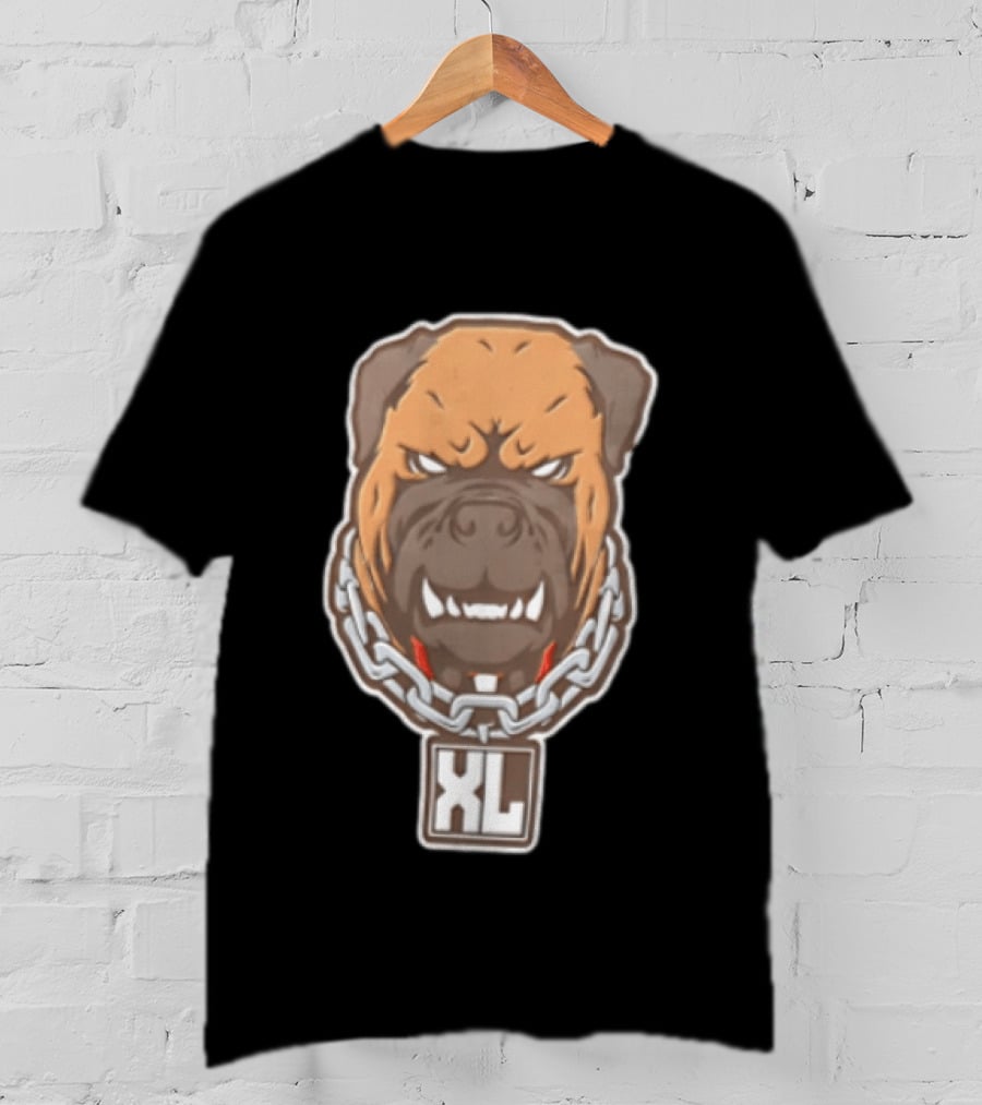 XL Angry Growling Dog Head Chain Collar Tag Cartoon Caricature T-Shirt