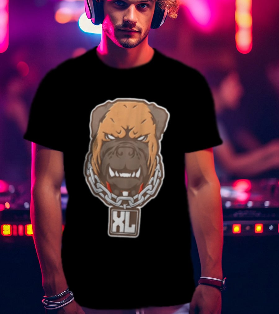 XL Angry Growling Dog Head Chain Collar Tag Cartoon Caricature T-Shirt