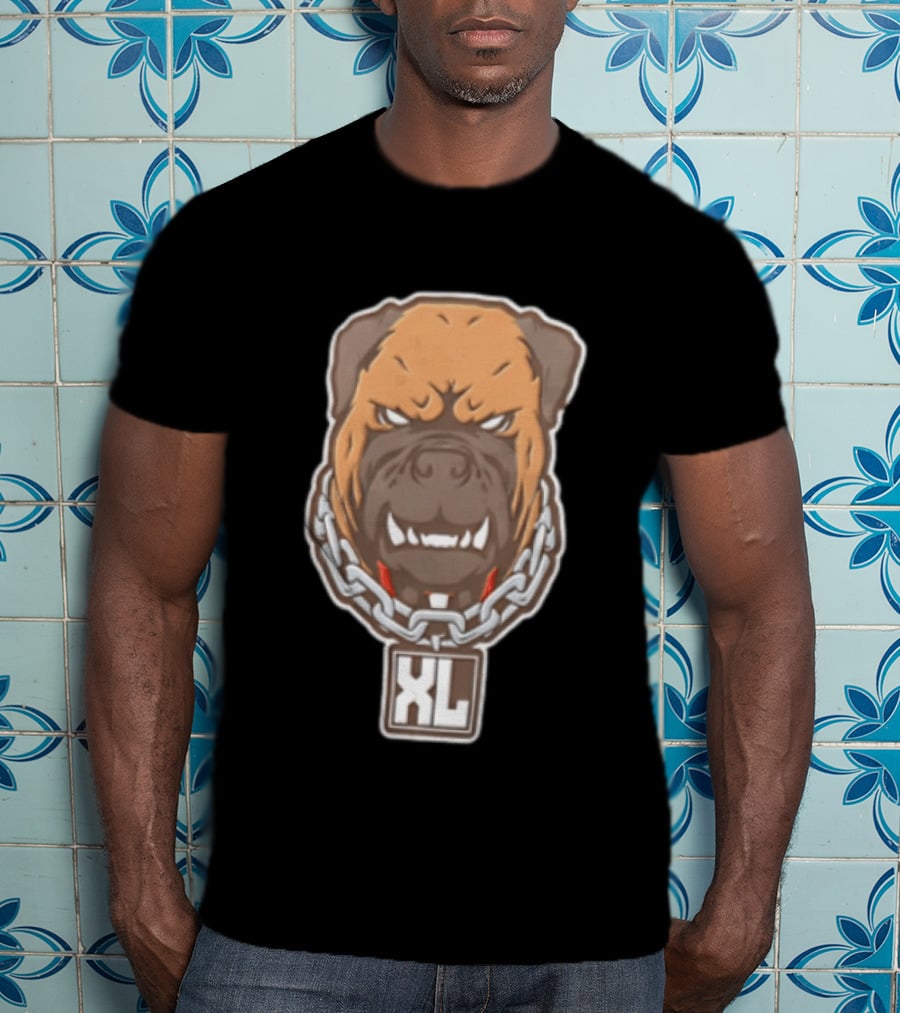 XL Angry Growling Dog Head Chain Collar Tag Cartoon Caricature T-Shirt