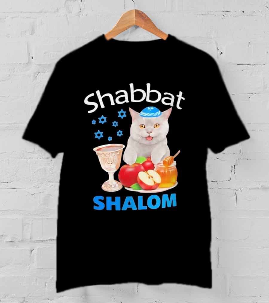 Shabbat Shalom Cat With Kippah Apples Honey And Wine Cup T-Shirt