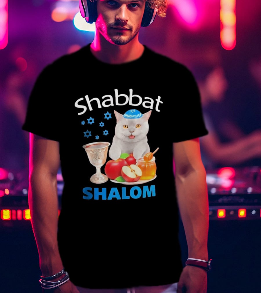 Shabbat Shalom Cat With Kippah Apples Honey And Wine Cup T-Shirt