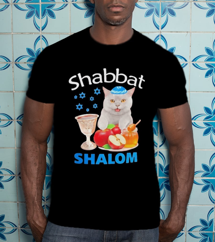 Shabbat Shalom Cat With Kippah Apples Honey And Wine Cup T-Shirt