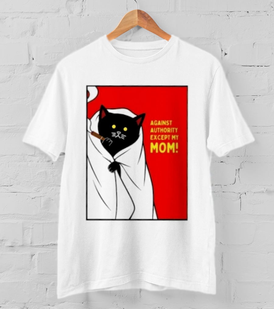 Black Cat Against Authority Except My Mom Smoking Cloaked Yellow Eyes Red T-Shirt