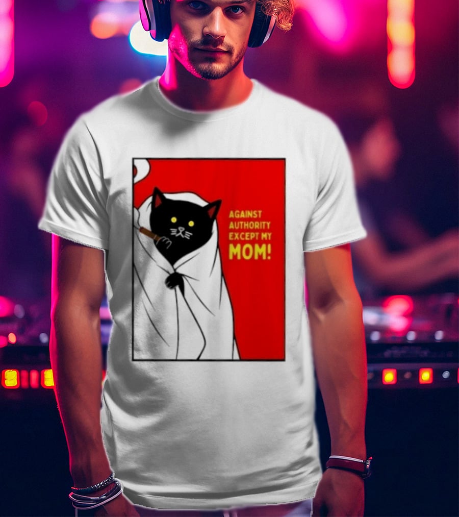 Black Cat Against Authority Except My Mom Smoking Cloaked Yellow Eyes Red T-Shirt