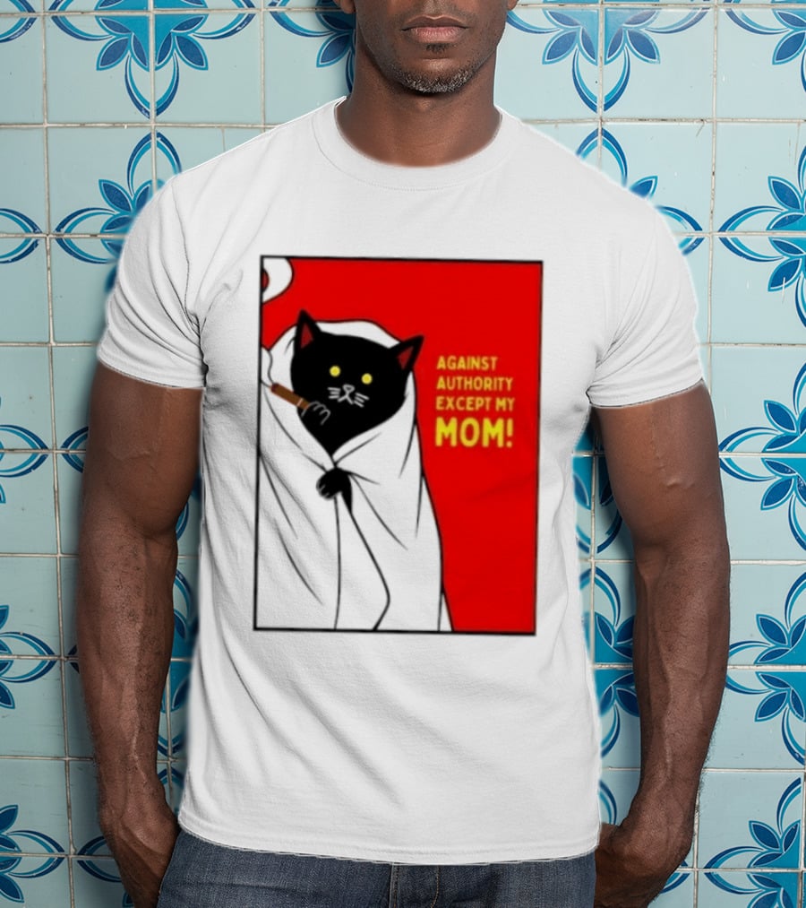 Black Cat Against Authority Except My Mom Smoking Cloaked Yellow Eyes Red T-Shirt
