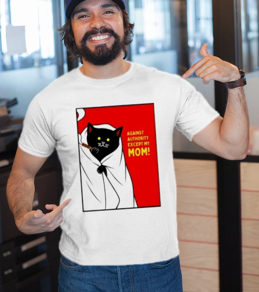 Black Cat Against Authority Except My Mom Smoking Cloaked Yellow Eyes Red T-Shirt