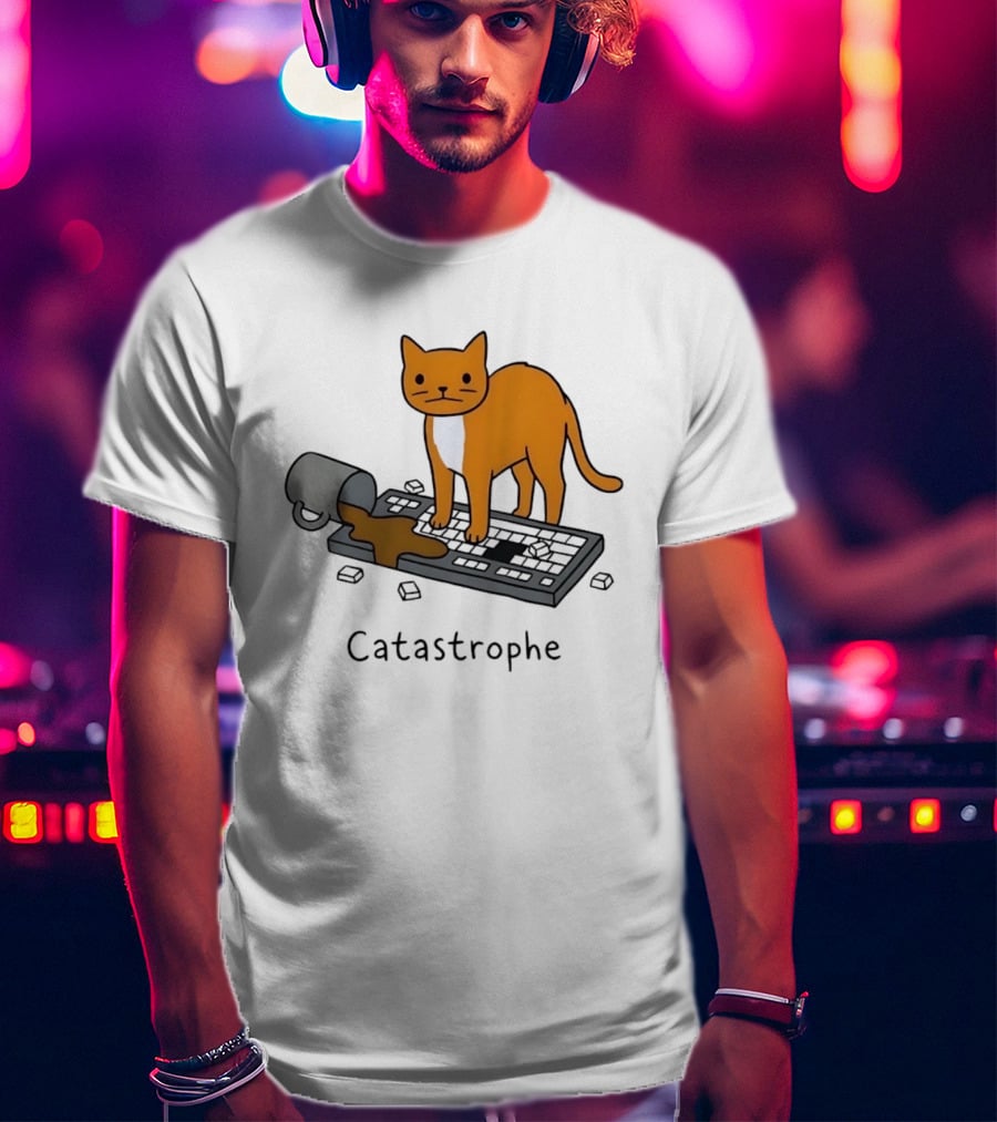 Catastrophe Orange Cat Spilling Coffee On Keyboard T-Shirt