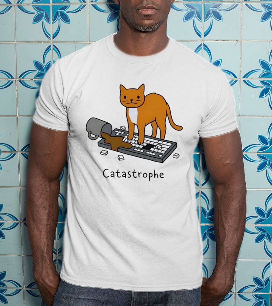 Catastrophe Orange Cat Spilling Coffee On Keyboard T-Shirt