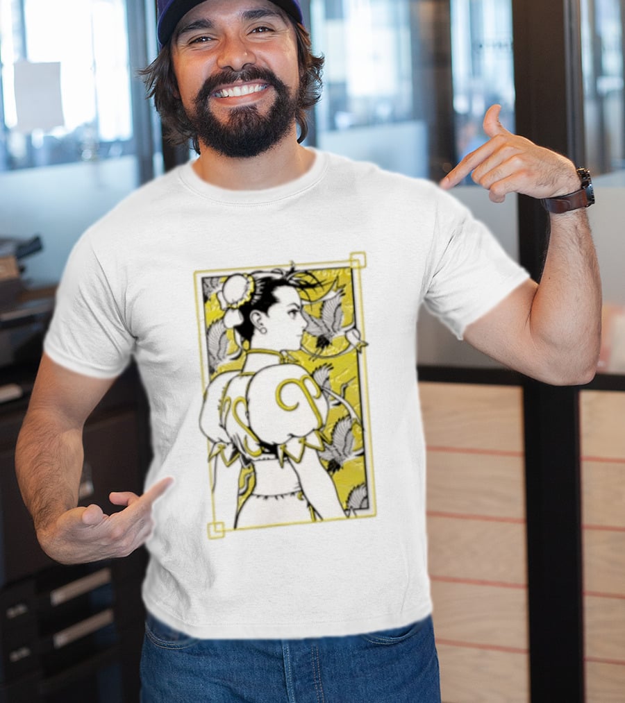 Chun Li Profile Flying Cranes Yellow Frame Line T-Shirt