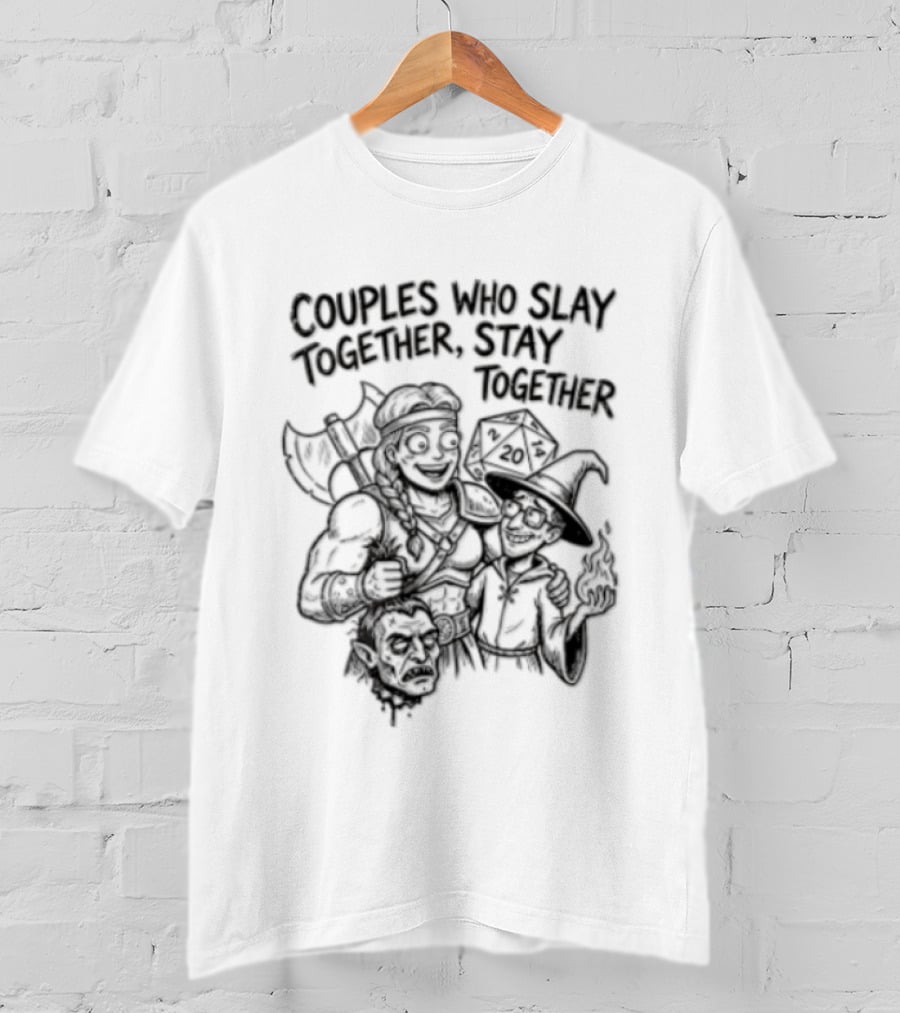 Couples Who Slay Together Stay Cartoon Barbarian Wizard D20 Orc Head T-Shirt