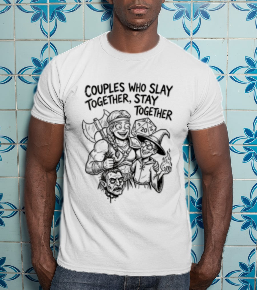 Couples Who Slay Together Stay Cartoon Barbarian Wizard D20 Orc Head T-Shirt