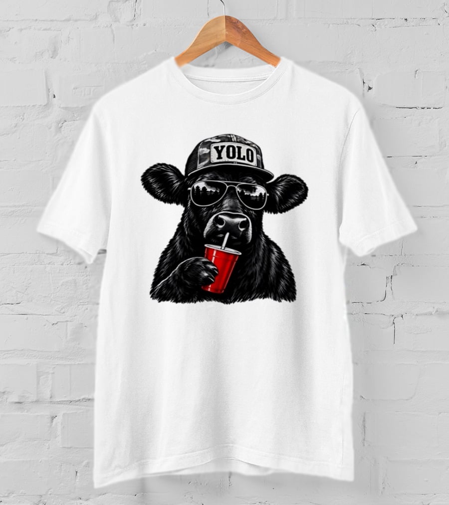 Cow With Yolo Camo Hat Sunglasses Red Cup T-Shirt