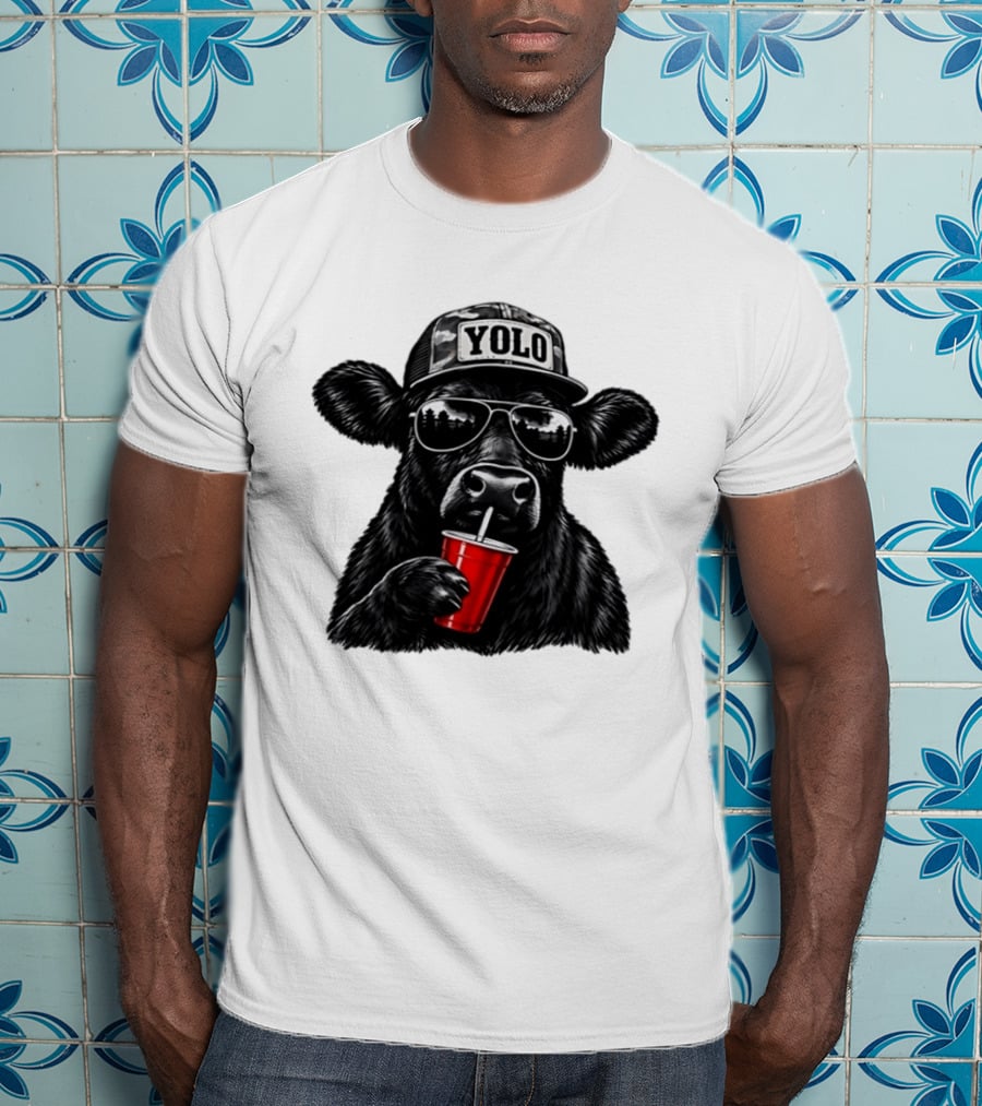 Cow With Yolo Camo Hat Sunglasses Red Cup T-Shirt