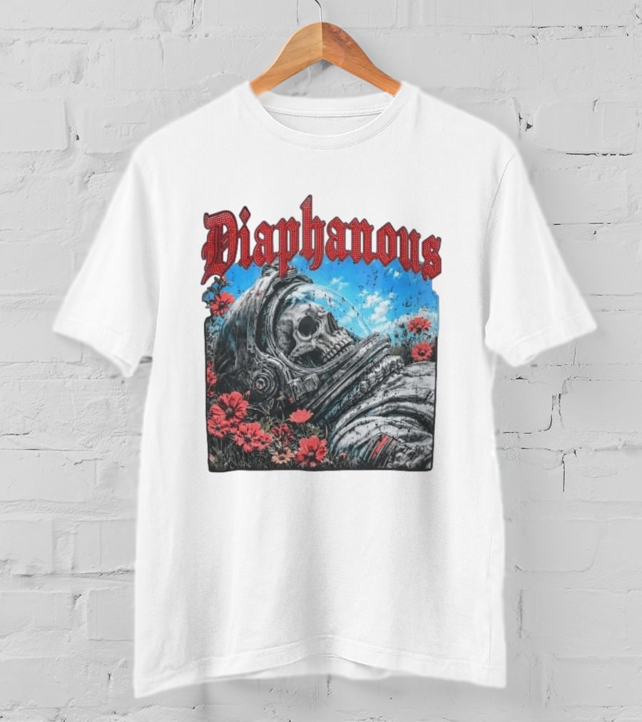 Diaphanous Distressed Skull Astronaut In Flowers With Cosmic T-Shirt