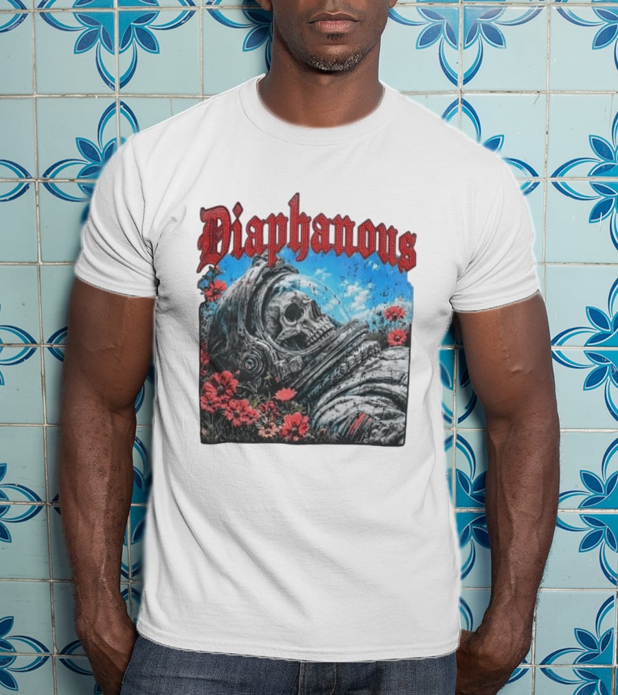 Diaphanous Distressed Skull Astronaut In Flowers With Cosmic T-Shirt