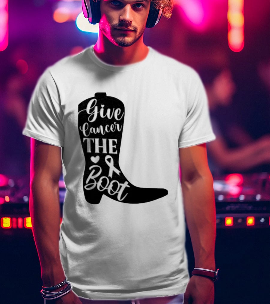 Give Cancer The Boot Awareness Ribbon Western Cowboy Boot T-Shirt