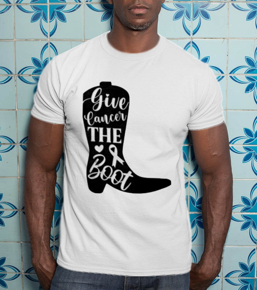 Give Cancer The Boot Awareness Ribbon Western Cowboy Boot T-Shirt