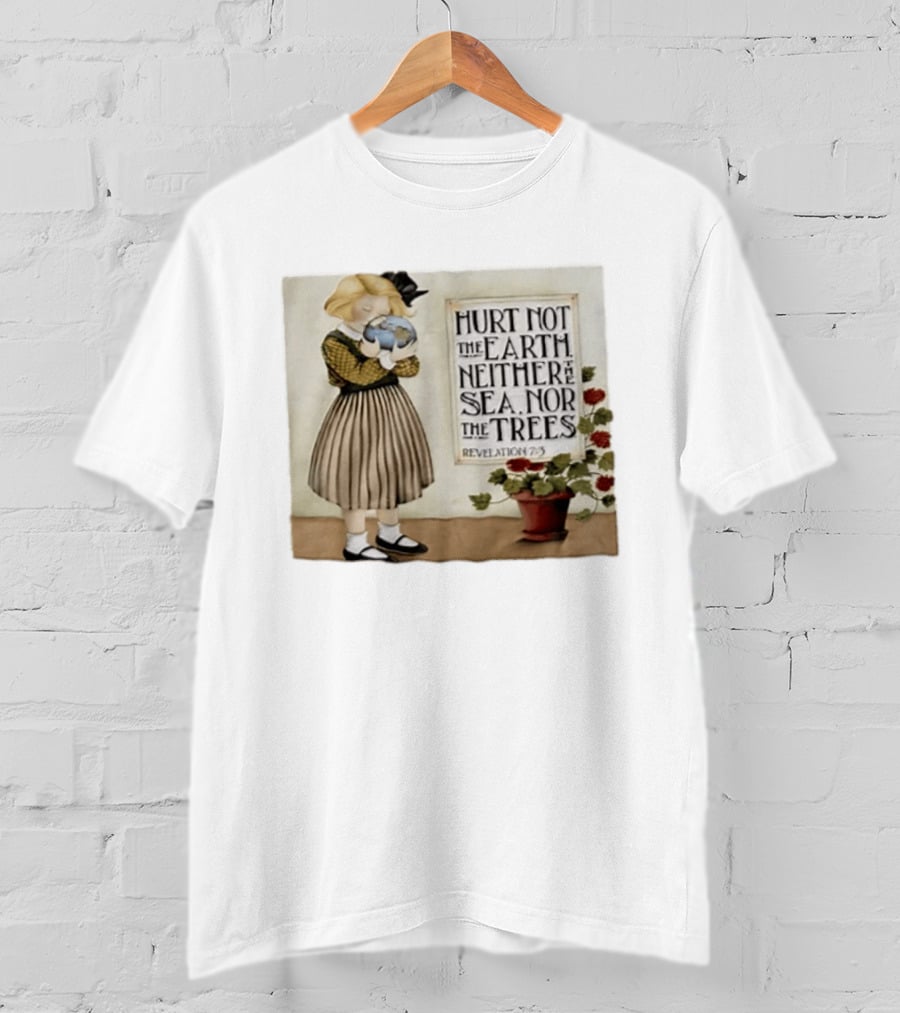 Hurt Not The Earth Revelation 7:3 Vintage Girl Holding Globe Environmental Protection T-Shirt