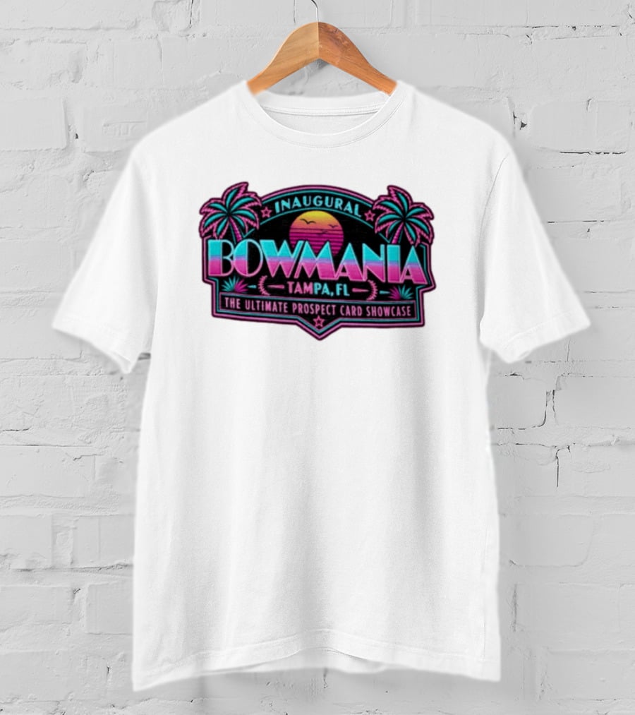 Inaugural Bowmania Tampa FL The Ultimate Prospect Card Showcase Retro Sunset Palm Trees T-Shirt