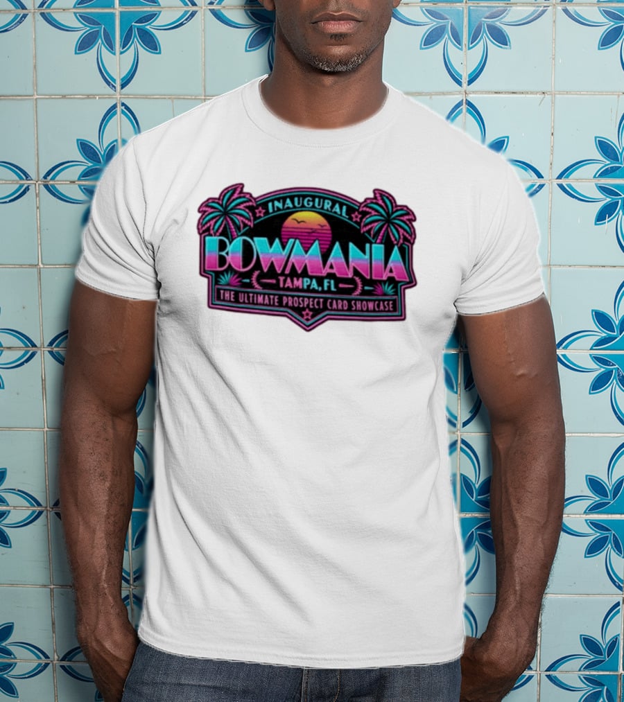 Inaugural Bowmania Tampa FL The Ultimate Prospect Card Showcase Retro Sunset Palm Trees T-Shirt