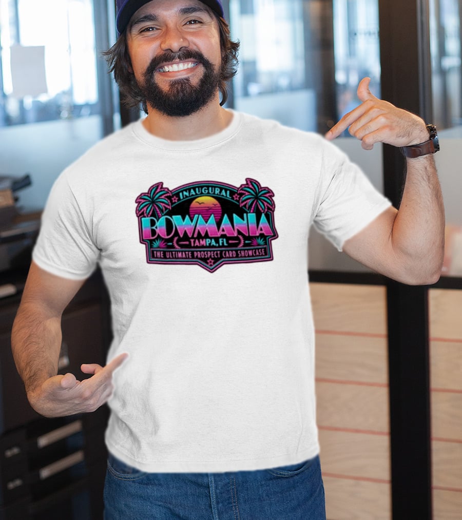 Inaugural Bowmania Tampa FL The Ultimate Prospect Card Showcase Retro Sunset Palm Trees T-Shirt