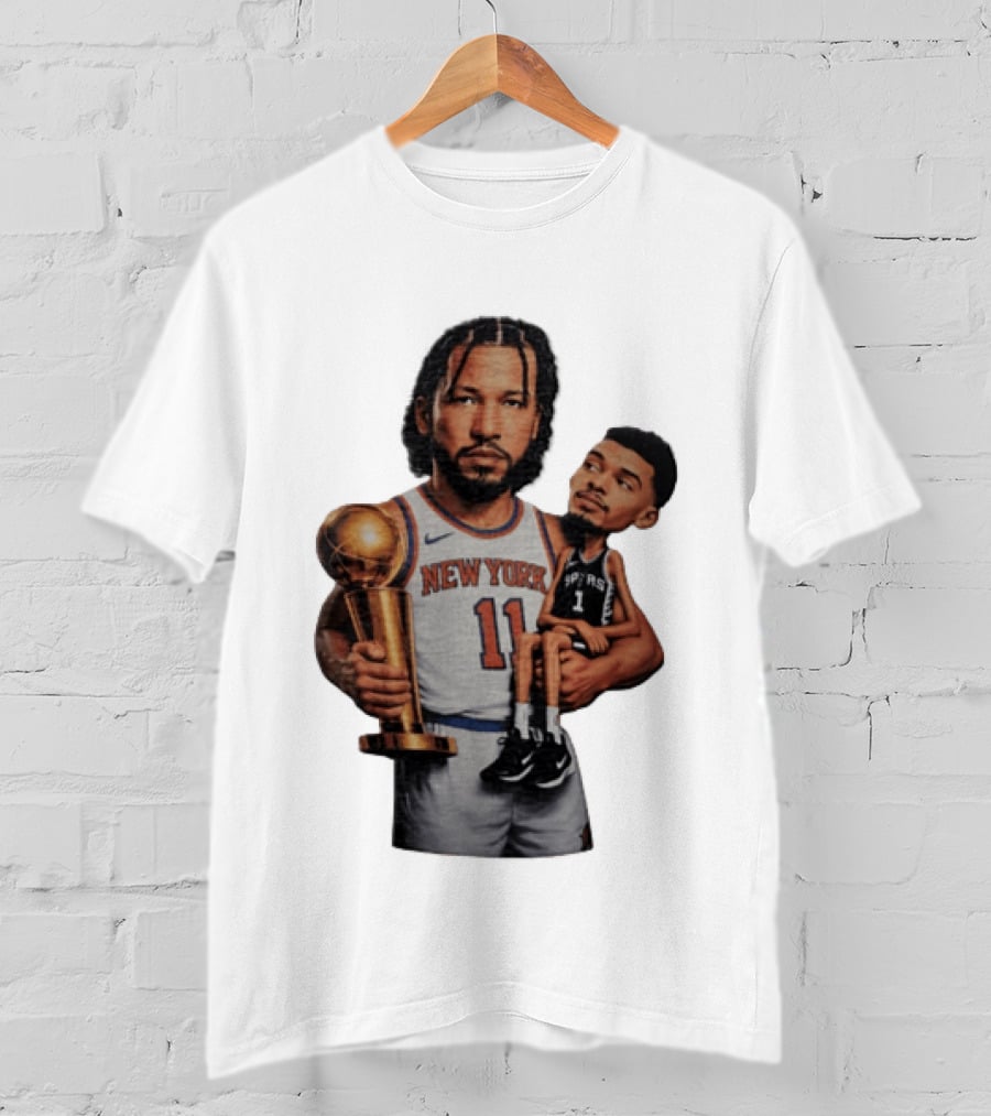 New York Knicks Jalen Brunson Embraces San Antonio Spurs Victor Wembanyama NBA Trophy T-Shirt